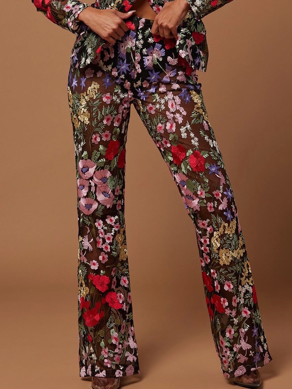 Fashion Nova Black Sheer Embroidered Floral Wide-Leg Trousers